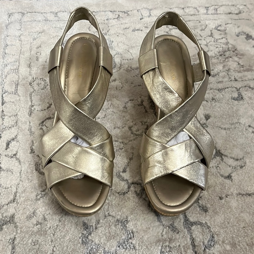 Cole Haan Dinah 85 gold soft leather strappy open toed platform wedge Size 11B